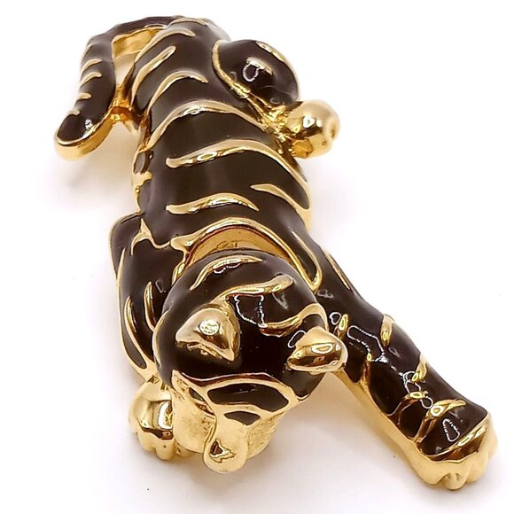 Vintage Tiger Brooch Gold Tone Metal Black Enamel Stripped Moveable Head Pin - Picture 1 of 12